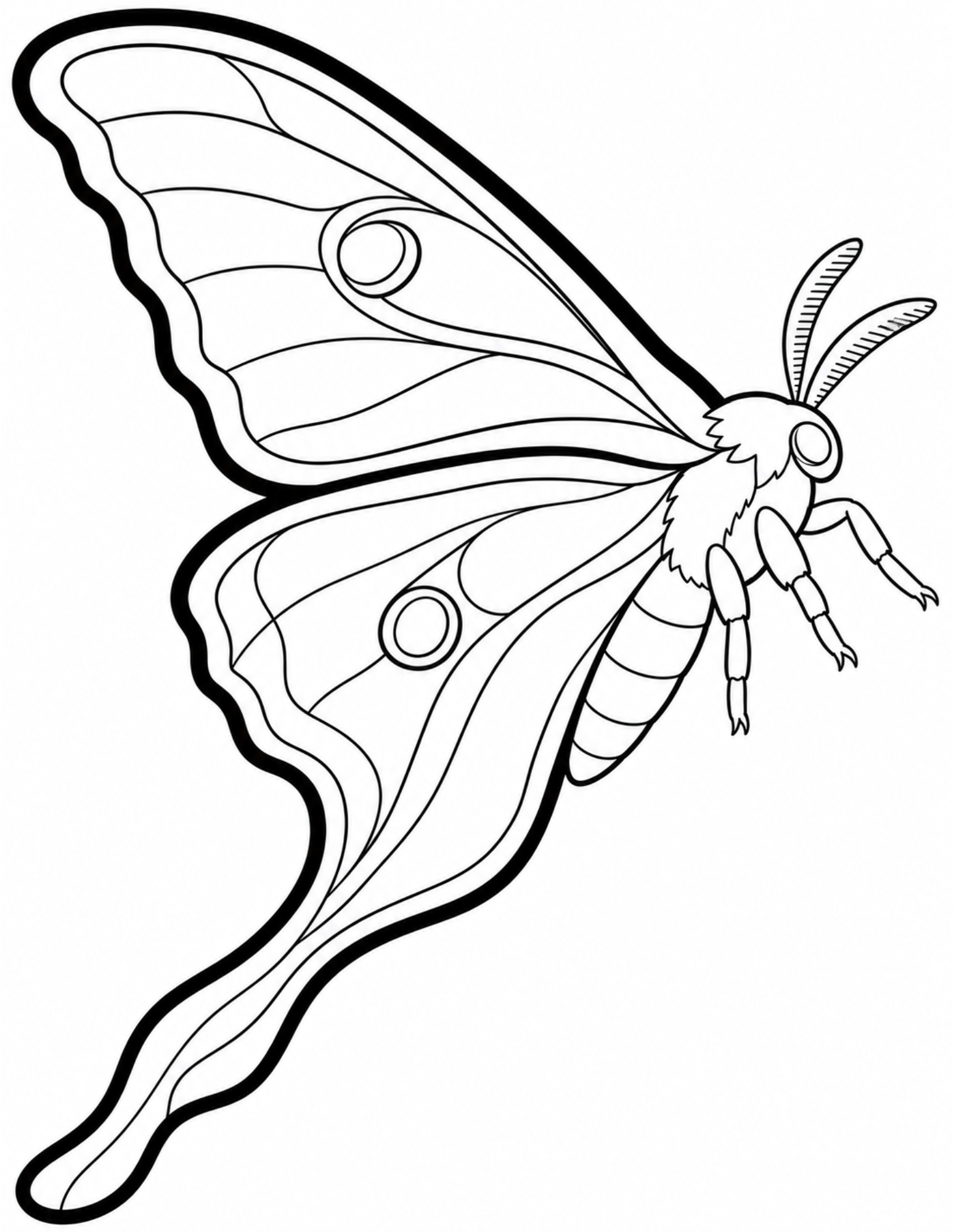 Close-up coloring page of a long-tailed moth with ringed eyespots